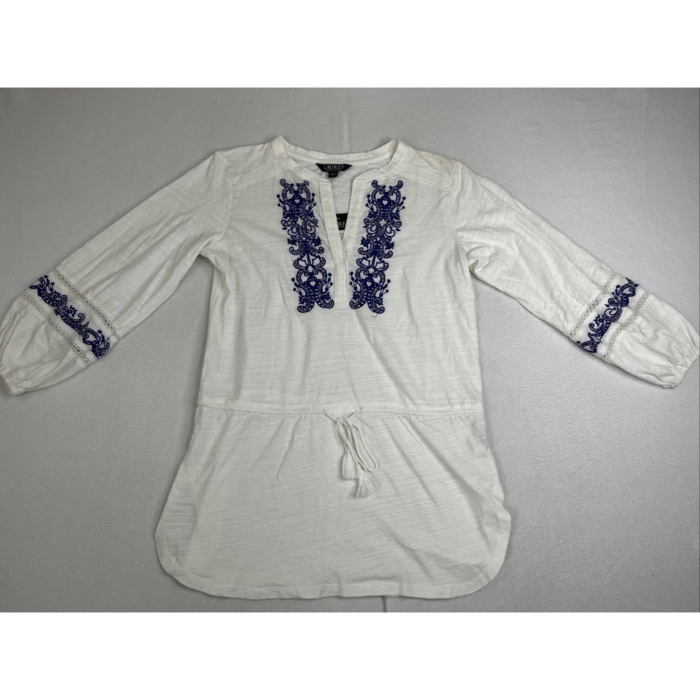 Lauren Ralph Lauren Womens White Embroidered Split Neck Tunic Blouse PXS